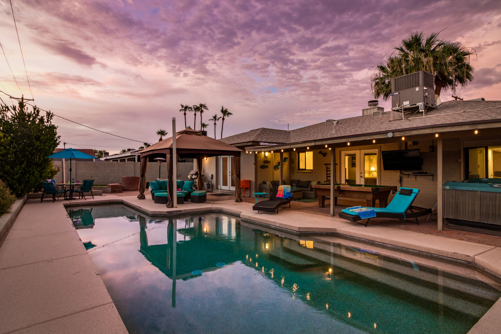 Pool view at sunset at one of our Scottsdale Villas